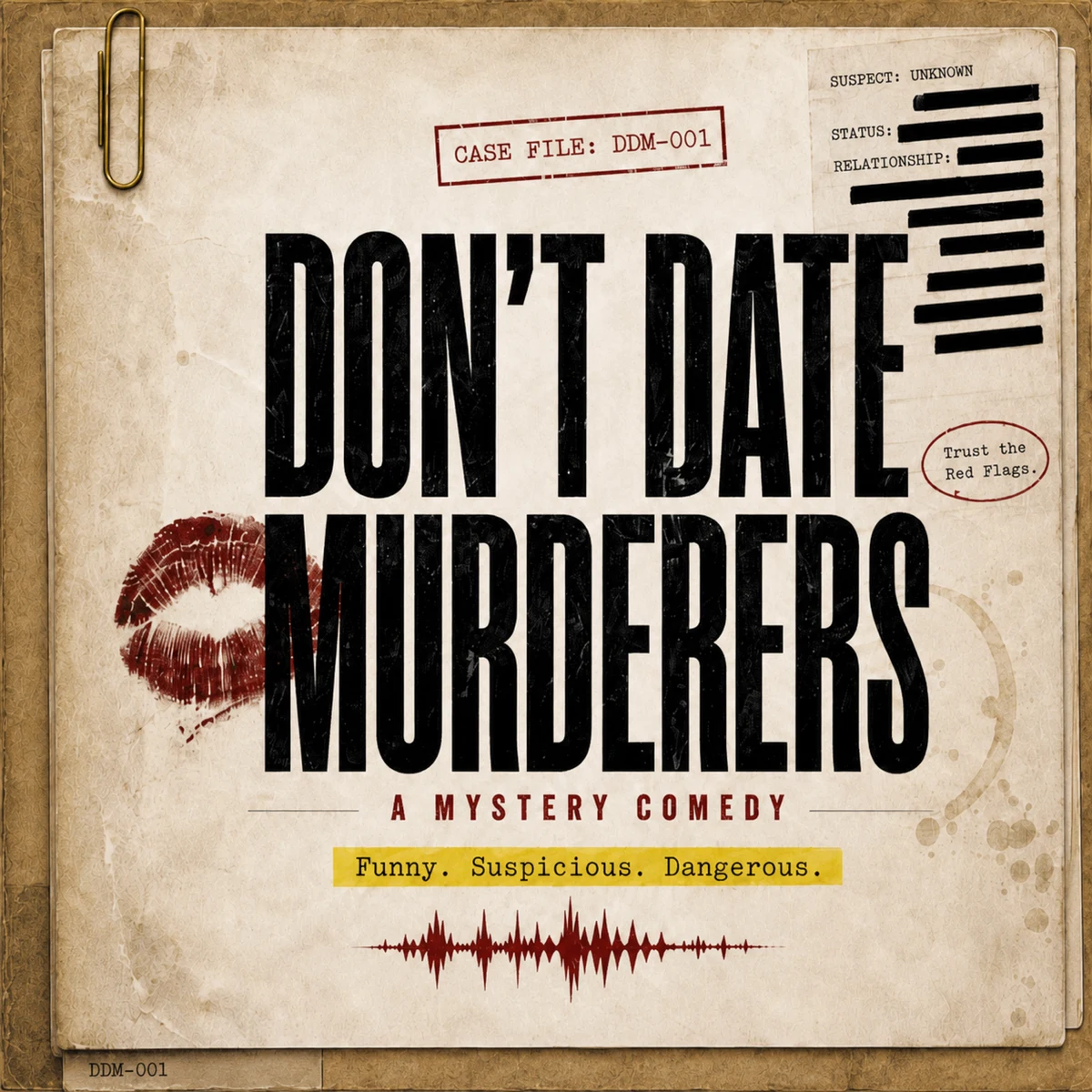 Don't Date Murderers case file. A mystery comedy. Funny. Suspicious. Dangerous.